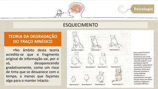 ESQUECIMENTO
TEORIA DA DEGRADAÇÃO
DO TRAÇO MNÉSICO
•No âmbito desta teoria
acredita-se que o fragmento
original de informação vai, por si
só, desaparecendo
gradativamente, como um risco
de tinta que se desvanece com o
tempo, a menos que façamos
algo para o manter intacto.
 
