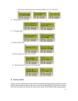 International Journal of Peer to Peer Networks (IJP2P) Vol.5, No.2, May 2014
13
v) Taking reading from meter100
vi) Verifying reading
vii) When readings match
viii) When readings mismatch and 3rd
try fails
ix) When meter doesn’t respond and 3rd attempt fails
6. CONCLUSIONS
Arduino uno has sufficient processing speed for manipulating displaying data. It plotted even bar
graph without significant delay. Code size can also be accommodated by 32kb flash of Arduino
Uno. But all the pins are used by the touch screen shield, which disable further improvements.
 