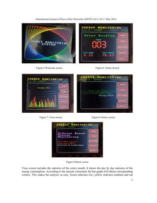 International Journal of Peer to Peer Networks (IJP2P) Vol.5, No.2, May 2014
6
Figure.5 Welcome screen Figure.6. Home Screen
Figure.7. View screen Figure.8 Notice screen
Figure.9About screen
View screen includes the statistics of the entire month. It shows the day by day statistics of the
energy consumption. According to the amount consumed, the bar graph will obtain corresponding
colours. This makes the analysis so easy. Green indicates low, yellow indicates medium and red
 