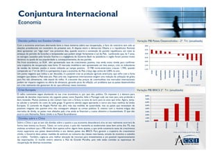Conjuntura Internacional
 Economia


 Decisão política nos Estados Unidos                                                                                         Variação PIB Países Desenvolvidos - 2º. Tri. (anualizada)
Com a economia americana alternando bons e maus números sobre sua recuperação, o foco do noticiário tem sido as                     0,8%
eleições presidenciais em novembro do presente ano. A disputa entre o democrata Obama e o republicano Romney
                                                                                                                                    0,4%
deve apresentar um “algo mais” nos próximos dias, quando ocorre a convenção do partido republicano, em meio às
ameaças do período de furacões e tempestades que podem atingir fortemente o sul do País. Lembrando que, há 7 anos,                  0,0%

os estragos causados pelo furacão Katrina e a negligência do Governo Bush na assistência à região foram pontos muito               -0,4%
decisivos na queda de sua popularidade e, consequentemente, de seu partido.
                                                                                                                                   -0,8%
No front econômico, os EUA têm apresentado taxa de crescimento positiva, mas ainda muito tímida para confirmar
uma trajetória de recuperação mais forte. O mercado imobiliário tem apresentado um leve avanço, com os indicadores                 -1,2%
de vendas de imóveis usados e novos voltando ao campo positivo. O PIB norte-americano cresceu 1,70%, quando                        -1,6%
comparado ao 1º.tri de 2012 e a perspectiva é que a economia do País cresça algo acima de 2,00% no ano.




                                                                                                                                                                                                                                          BÉLGICA
                                                                                                                                            EUA




                                                                                                                                                           ALEMANHA

                                                                                                                                                                      HOLANDA

                                                                                                                                                                                    ÁUSTRIA

                                                                                                                                                                                              FRANÇA




                                                                                                                                                                                                                              ESPANHA




                                                                                                                                                                                                                                                                  ITÁLIA
                                                                                                                                                   JAPÃO




                                                                                                                                                                                                                                                                                  PORTUGAL
                                                                                                                                                                                                               ZONA DO EURO




                                                                                                                                                                                                                                                    REINO UNIDO
Um ponto negativo que voltou a ser discutido, é a possível crise na produção agrícola americana, que sofre com a forte
estiagem que abateu o País este ano. Mais uma vez, organismos internacionais exigem uma redução da utilização de grãos
para fins não alimentares, vide etanol do milho. A crescente dos preços de commodities nos mercados internacionais
podem ter impacto negativo na oferta de alimentos, gerando picos de inflação, um problema que os países desenvolvidos
em crise realmente não gostariam de ter que enfrentar neste momento.                                                                                                                                                                    Fonte: Eurostat Ago/12


 Crise Europeia                                                                                                              Variação PIB BRICS 2º. Tri. (anualizada)
O velho continente segue afundando na sua crise econômica e, por que não, política. Os impasses e a demora para
                                                                                                                                    8,00%
tomada de decisões importantes vão jogando países como Espanha, Itália e Portugal cada vez mais para uma profunda e
                                                                                                                                    7,00%
dura recessão. Muitos analistas já não contam mais com a Grécia na zona do euro para os anos que virão. Agora, tenta-
se calcular o tamanho do custo da saída grega. O governo alemão segue apertando o cerco aos maus vizinhos da União                  6,00%

Europeia. O comando de Angela Merkel não abre mão das medidas de austeridade, mas os países que necessitam de                       5,00%

possíveis resgates não querem e/ou não conseguem adequar as contas públicas. E, mesmo com a recente trégua dos                      4,00%
mercados de dívida, os países mais afetados pela crise ainda se financiam a custos altíssimo e insustentáveis. O que não            3,00%
ocorre com Alemanha, Reino Unido e os Países Escandinavos.                                                                          2,00%

 Dúvidas sobre a China                                                                                                              1,00%

                                                                                                                                    0,00%
Sobre a China o que se tem são dúvidas sobre o quanto a sua economia desacelerará e/ou se isso realmente ocorrerá de




                                                                                                                                                  BRASIL




                                                                                                                                                                           RÚSSIA




                                                                                                                                                                                                       ÍNDIA




                                                                                                                                                                                                                                         CHINA




                                                                                                                                                                                                                                                                      Á. DO SUL
forma mais intensa ou brusca. Talvez, no curto prazo, o país não mantenha as exuberantes taxas bem acima dos 7%, mas
analistas acreditam que o PIB chinês deve apenas sofrer alguns leves ajustes, o que ainda sustentaria taxas de crescimento
muito superiores aos países desenvolvidos e aos demais países dos BRICS. Para garantir a trajetória do crescimento                                                                            Fonte: Jornal Estado de São Paulo Ago/12
chinês, o Governo deve adotar medidas de estímulo ao consumo das classes mais baixas, através do incentivo e subsídio
ao crédito. Também, cogita-se uma melhor alocação de recursos para investimentos e um possível reposicionamento
das exportações. O mundo inteiro observa o País da Grande Muralha, pois nele estão contidas as esperanças de
recuperação de diversas economias.
 