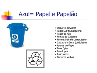 Azul= Papel e Papelão •  Jornais e Revistas • Papel Sulfite/Rascunho • Papel de Fax • Folhas de Caderno • Formulários de Computador • Caixas em Geral (ondulado) • Aparas de Papel • Fotocópias • Envelopes • Rascunhos • Cartazes Velhos  