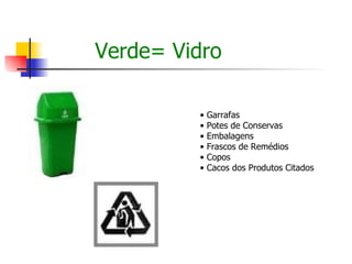 Verde= Vidro •  Garrafas • Potes de Conservas • Embalagens • Frascos de Remédios • Copos • Cacos dos Produtos Citados  