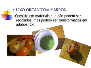 LIXO ORGANICO= MARRON Consiste em materiais que não podem ser reciclados, mas podem ser transformados em adubos. EX:  