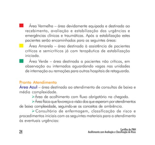 Área Vermelha – área devidamente equipada e destinada ao
     recebimento, avaliação e estabilização das urgências e
     emergências clínicas e traumáticas. Após a estabilização estes
     pacientes serão encaminhados para as seguintes áreas:
        Área Amarela – área destinada à assistência de pacientes
     críticos e semicríticos já com terapêutica de estabilização
     iniciada.
        Área Verde – área destinada a pacientes não críticos, em
     observação ou internados aguardando vagas nas unidades
     de internação ou remoções para outros hospitais de retaguarda.

Pronto Atendimento
Área Azul – área destinada ao atendimento de consultas de baixa e
média complexidade.
         Área de acolhimento com fluxo obrigatório na chegada.
         Área física que favoreça a visão dos que esperam por atendimentos
de baixa complexidade, seguindo-se os conceitos de ambiência.
          Consultório de enfermagem, classificação de risco e
procedimentos iniciais com os seguintes materiais para o atendimento
às eventuais urgências:

                                                                            Cartilha da PNH
24                                         Acolhimento com Avaliação e Classificação de Risco
 