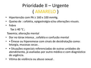 Prioridade II – Urgente
( AMARELO )
• Hipertensão com PA ≥ 160 x 100 mmHg.
• Queixa de : cefaléia, epigastralgia e/ou alterações visuais.
• Febre
Tax ≥ 40 °C ;
Toxemia; alteração mental
• Dor no tórax intensa , cefaléia e confusão mental
• • Êmese ou hiperemese com sinais de desidratação como:
letargia, mucosas secas .
• • Situações especiais referenciadas de outras unidades de
atendimento, já avaliadas por outro médico e com diagnóstico
de urgência.
• Vítima de violência ou abuso sexual .
 