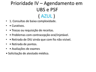 Prioridade IV – Agendamento em
UBS e PSF
( AZUL )
• 1. Consultas de baixa complexidade.
• • Curativos.
• • Trocas ou requisição de receitas.
• • Problemas com contracepção oral/injetável.
• • Retirada de DIU ainda que com fio não visível.
• • Retirada de pontos.
• • Avaliações de exames
• Solicitação de atestado médico.
 