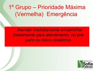 1º Grupo – Prioridade Máxima
(Vermelha) Emergência
Atender mediatamente encaminhar
diretamente para atendimento, no pré-
parto ou bloco obstétrico.
 