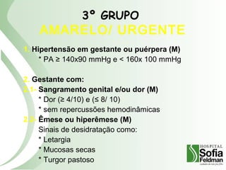 3º GRUPO
AMARELO/ URGENTE
1. Hipertensão em gestante ou puérpera (M)
* PA ≥ 140x90 mmHg e < 160x 100 mmHg
2. Gestante com:
2.1- Sangramento genital e/ou dor (M)
* Dor (≥ 4/10) e (≤ 8/ 10)
* sem repercussões hemodinâmicas
2.2- Êmese ou hiperêmese (M)
Sinais de desidratação como:
* Letargia
* Mucosas secas
* Turgor pastoso
 