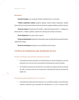 Descritores:
a
Estridor laríngeo: som resultante do fluxo turbulento de ar na via aérea
b
Padrão respiratório ineficaz: gasping, dispnéia, intenso esforço respiratório, retração
intercostal,frasesentrecortadas,batimentodeasadenarizouqualquerpadrãoassociadoacianose.
c
Sinais de choque: Hipotensão (PA sistólica ≤ 80mmHg) Taquicardia (FC ≥ 140bpm) ou
Bradicardia (FC ≤ 40bpm), palidez, sudorese fria, alteração de nível de consciência.
d
Sinais flogísticos: Dor, calor, rubor e edema
e
Sinais de desidratação: hipotensão, taquicardia, turgor da pele deficiente, preenchimento
capilar lento, choque
f
Sinais de meningismo: rigidez de nuca, fotofobia, dor de cabeça
7.2 Fluxos de atendimento após classificação de risco
Pacientes classificadas como vermelhas (atendimento imediato)
•
• O atendimento destas pacientes se dá diretamente na sala de Emergência, pois são
pacientes com risco de morte necessitando de atendimento médico imediato.
•
• As medidas de suporte de vida deverão ser iniciadas em qualquer ponto de atenção
da rede e a paciente deverá ser transportada / atendida pelo Suporte Avançado do
SAMU-192.
Classificação Laranja (atendimento em até 15 minutos)
•
• O atendimento destas pacientes deverá ser no consultório médico ou da enfermeira
obstetra, atentando para prioridade do atendimento, ou, caso a estrutura física
50
Ministério da Saude
 