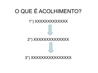 O QUE É ACOLHIMENTO?
1°) XXXXXXXXXXXXX
2°) XXXXXXXXXXXXXX
3°) XXXXXXXXXXXXXXXX
 