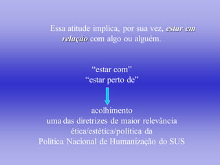 Essa atitude implica, por sua vez, estar em
      relação com algo ou alguém.


               “estar com”
             “estar perto de”


                 acolhimento
  uma das diretrizes de maior relevância
          ética/estética/política da
Política Nacional de Humanização do SUS
 