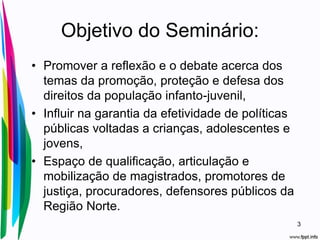 Objetivo do Seminário:
• Promover a reflexão e o debate acerca dos
temas da promoção, proteção e defesa dos
direitos da população infanto-juvenil,
• Influir na garantia da efetividade de políticas
públicas voltadas a crianças, adolescentes e
jovens,
• Espaço de qualificação, articulação e
mobilização de magistrados, promotores de
justiça, procuradores, defensores públicos da
Região Norte.
3
 