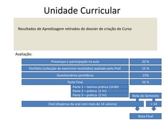 Unidade Curricular
Resultados de Apredizagem retirados do dossier de criação do Curso
Avaliação:
Presenças e participação na aula
Portfolio (colecção de exercícios resolvidos) avaliado pelo Prof.
Questionários periódicos
Teste Final
20 %
15 %
15%
50 %
Nota do Semestre
Oral (dispensa da oral com mais de 14 valores)
Nota Final
> 14
Parte 1 – teórico prática (1h30)
Parte 2 – prática (1 hr)
Parte 3 – prática (2 hr)
 