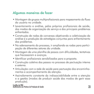 Cartilha da PNH
Acolhimento nas Práticas de Produção de Saúde 35
Algumas maneiras de fazer
• Montagem de grupos multiprofissionais para mapeamento do fluxo
do usuário na unidade.
• Levantamento e análise, pelos próprios profissionais de saúde,
dos modos de organização do serviço e dos principais problemas
enfrentados.
• Construção de rodas de conversas objetivando a coletivização da
análise e a produção de estratégias conjuntas para enfrentamento
dos problemas.
• No adensamento do processo, ir ampliando as rodas para partici-
pação de diferentes setores da unidade.
• Montagem de uma planilha de passos com dificuldades, tentativas
que fracassaram e avanços.
• Identificar profissionais sensibilizados para a proposta.
• Construção coletiva dos passos no processo de pactuação interna
e externa.
• Articulação com a rede de saúde para pactuação dos encaminha-
mentos e acompanhamento da atenção.
• Assinalamento constante da indissociabilidade entre a atenção
e a gestão (modos de produzir saúde dos modos de gerir essa
produção).
 
