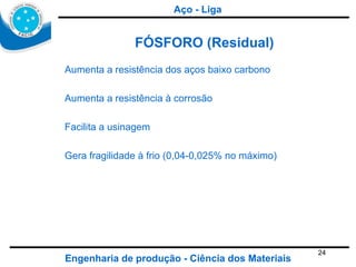 Engenharia de produção - Ciência dos Materiais FÓSFORO (Residual) Aumenta a resistência dos aços baixo carbono Aumenta a resistência à corrosão Facilita a usinagem Gera fragilidade à frio (0,04-0,025% no máximo) Aço - Liga 