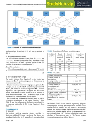 N. Sakib et al.: Collaborative Approach Toward Scientific Paper Recommendation Using Citation Context
FIGURE 3. Scenario of our proposed recommendation approach.
attributes where the attribute of A is 1 and the attribute of
B is 0.
D. RESULTS NORMALIZATION
The two different similarity scores from Jco−occurred and
Jco−occurring are then normalized to get a ﬁnal score, which
gives the relevancy of each candidate papers to POI. We
combine these two scores using Equation 3.
ResultsNormalization
=
PN
n=1 ((Jco-occurred (POI, cpn))+(Jco-occurring(POI, cpn)))
2
(3)
E. RECOMMENDATION STAGE
The results obtained from Equation 3 is then ranked and
presents the Top-N most similar papers to the user as a set
of recommendations list.
Fig. 3 represents a scenario of our proposed approach. For
example, c1, c2, c3, c4 and c5, are citation papers and rf1,
rf2, rf3, rf4, and rf5 are referenced papers for POI. Candidate
papers (cp1, cp2, cp3 and cp4) are papers that are co-cited
with POI and which has been referenced by at least any of
the POI referenced paper. Table 5 shows an example of how
ﬁnal scores for candidate papers are calculated.
For example, the collaborative similarity score of cp1 for
co-occurred relationship is 0.8 (using Equation 1 from
Table 2) and the collaborative similarity score of cp1 for
co-occurring relationship is 0.8 (using Equation 2 from
Table 4).
IV. EXPERIMENTS
A. DATASET
We utilized publicly available dataset provided by
Sugiyama and Kan [21] in our experiment. The dataset pre-
sented publication list of 50 researchers from various ﬁeld
TABLE 5. The calculation of final scores for candidate papers.
TABLE 6. Data statistics.
of computer science such as software engineering, program-
ming language, security, operating system, networks, infor-
mation retrieval, graphics and user interface. We collected
citation and reference papers for every one of researchers’
publications and used Google Scholar to extract all the refer-
ences of each of the POI’s citations and all other papers that
cited any of the referenced paper of POI. Table 6 presents
some statistics about our utilized dataset.
VOLUME 8, 2020 51251
 