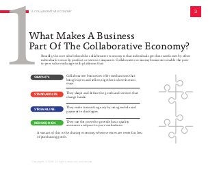 SIMPLIFY: 	 Collaborative businesses offer mechanisms that
bring buyers and sellers together in low friction
ways.
STANDARDIZE: 	 They shape and define the goods and services that
change hands.
STREAMLINE: 	 They make transacting easy by using mobile and
payment technologies.
REDUCE RISK: 	 They use the crowd to provide basic quality
assurance and peer-to-peer evaluations.
A variant of this is the sharing economy, where services are rented in lieu
of purchasing goods.
A COLLABORATIVE ECONOMY 3
What Makes A Business
Part Of The Collaborative Economy?
1Broadly, the core idea behind the collaborative economy is that individuals get their needs met by other
individuals versus by product or service companies. Collaborative economy businesses enable the peer-
to-peer value exchange with platforms that:
Copyright © 2016 All rights reserved worldwide.
SIMPLIFY: 	
STANDARDIZE: 	
STREAMLINE: 	
REDUCE RISK: 	
 