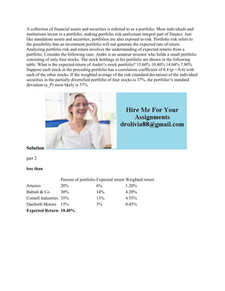 A collection of financial assets and securities is referred to as a portfolio. Most individuals and
institutions invest in a portfolio, making portfolio risk analysisan integral part of finance. Just
like standalone assets and securities, portfolios are also exposed to risk. Portfolio risk refers to
the possibility that an investment portfolio will not generate the expected rate of return.
Analyzing portfolio risk and return involves the understanding of expected returns from a
portfolio. Consider the following case: Andre is an amateur investor who holds a small portfolio
consisting of only four stocks. The stock holdings in his portfolio are shown in the following
table: What is the expected return of Andre's stock portfolio? 15.60% 10.40% 14.04% 7.80%
Suppose each stock in the preceding portfolio has a correlation coefficient of 0.4 (p = 0.4) with
each of the other stocks. If the weighted average of the risk (standard deviation) of the individual
securities in the partially diversified portfolio of four stocks is 37%, the portfolio's standard
deviation (a_P) most likely is 37%.
Solution
part 2
less than
Percent of portfolio Expected return Weighted return
Artemis 20% 6% 1.20%
Babish & Co 30% 14% 4.20%
Cornell Industries 35% 13% 4.55%
Danforth Motors 15% 3% 0.45%
Expected Return 10.40%
 