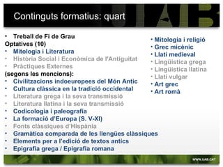Continguts formatius: quart

• Treball de Fi de Grau
                                              • Mitologia i religió
Optatives (10)                                • Grec micènic
• Mitologia i Literatura                      • Llatí medieval
• Història Social i Econòmica de l'Antiguitat • Lingüística grega
• Pràctiques Externes                         • Lingüística llatina
(segons les mencions):                        • Llatí vulgar
• Civilitzacions indoeuropees del Món Antic   • Art grec
• Cultura clàssica en la tradició occidental  • Art romà
• Literatura grega i la seva transmissió
• Literatura llatina i la seva transmissió
• Codicologia i paleografia
• La formació d’Europa (S. V-XI)
• Fonts clàssiques d’Hispània
• Gramàtica comparada de les llengües clàssiques
• Elements per a l’edició de textos antics
• Epigrafia grega / Epigrafia romana
 