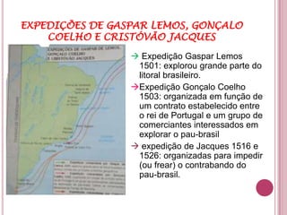 EXPEDIÇÕES DE GASPAR LEMOS, GONÇALO
    COELHO E CRISTÓVÃO JACQUES
                  Expedição Gaspar Lemos
                  1501: explorou grande parte do
                  litoral brasileiro.
                 Expedição Gonçalo Coelho
                  1503: organizada em função de
                  um contrato estabelecido entre
                  o rei de Portugal e um grupo de
                  comerciantes interessados em
                  explorar o pau-brasil
                  expedição de Jacques 1516 e
                  1526: organizadas para impedir
                  (ou frear) o contrabando do
                  pau-brasil.
 