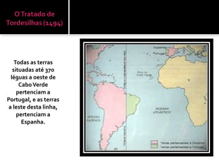 Todas as terras
situadas até 370
léguas a oeste de
CaboVerde
pertenciam a
Portugal, e as terras
a leste desta linha,
pertenciam a
Espanha.
 