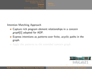 Brief Introduction to AOP
                               Problem Statement
                                                     Metrics
                                          Proposal
                                                     Formalism
                                          Example
                      Conclusion and Future Work




Intention Matching Approach
       Capture rich program element relationships in a concern
       graph[1] adapted for AOP.
       Express intentions as patterns over ﬁnite, acyclic paths in the
       graph.
       Apply the patterns to the extended concern graph.




Raﬃ Khatchadourian, Phil Greenwood, Awais Rashid     On the Assessment of Pointcut Design in AO Software
 