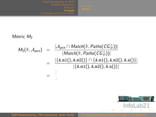 Brief Introduction to AOP
                               Problem Statement
                                                     Scenario
                                          Proposal
                                                     Metrics
                                          Example
                      Conclusion and Future Work




Metric M2

                                 |Apce ∩ Match(ˆ , Paths(CG + ))|
                                                 π             P
    M2 (ˆ , Apce ) =
        π
                                     |Match(ˆ , Paths(CG + ))|
                                              π            P
                                 |{A.m1(), A.m2()} ∩ {A.m1(), A.m2(), A.n()}|
                          =
                                           |{A.m1(), A.m2(), A.n()}|
                                 2
                          =
                                 3




Raﬃ Khatchadourian, Phil Greenwood, Awais Rashid     On the Assessment of Pointcut Design in AO Software
 