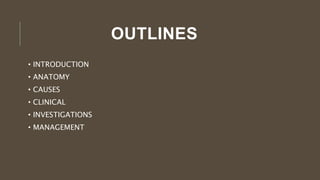 OUTLINES
• INTRODUCTION
• ANATOMY
• CAUSES
• CLINICAL
• INVESTIGATIONS
• MANAGEMENT
 