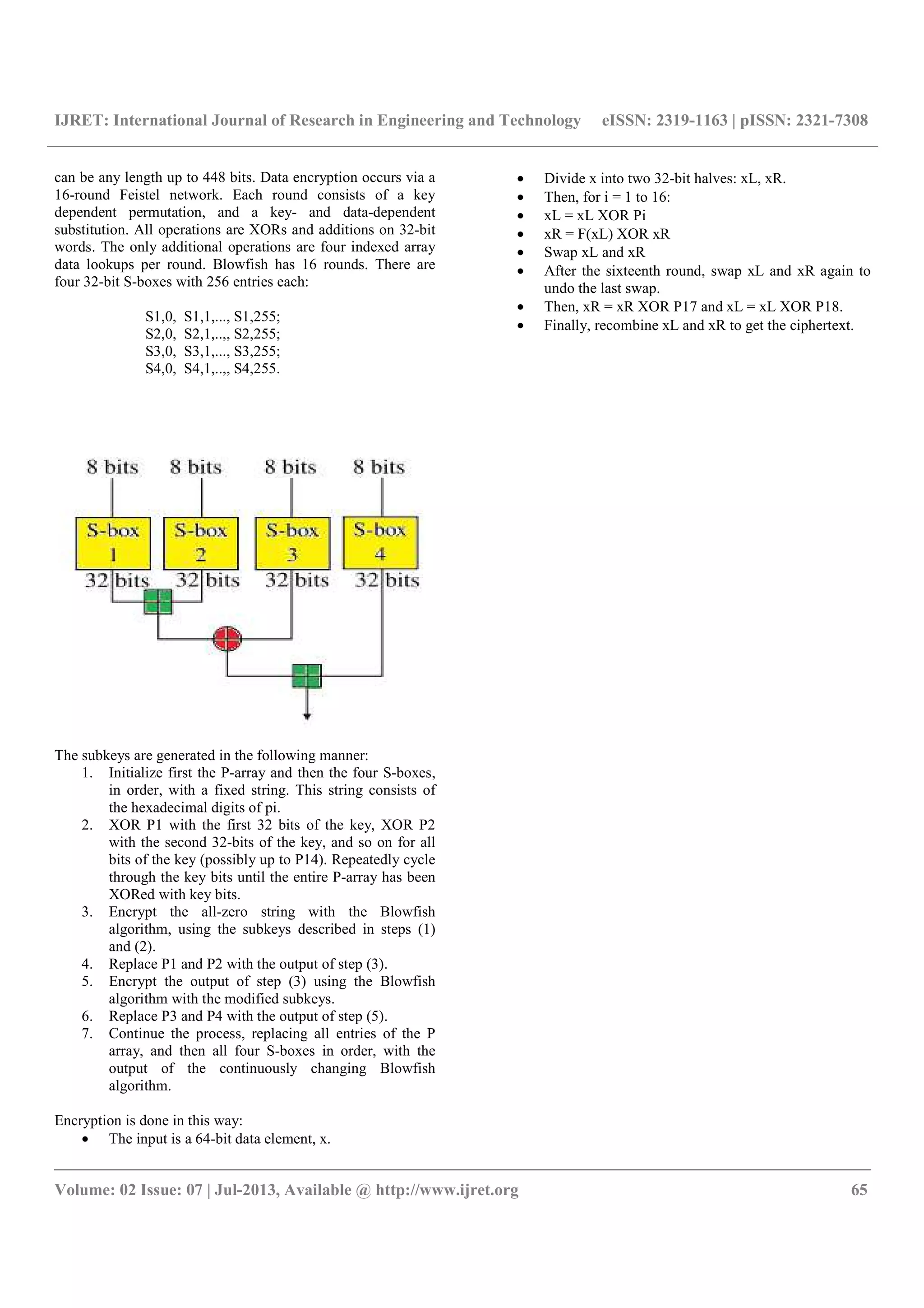 IJRET: International Journal of Research in Engineering and Technology eISSN: 2319-1163 | pISSN: 2321-7308
__________________________________________________________________________________________
Volume: 02 Issue: 07 | Jul-2013, Available @ http://www.ijret.org 65
can be any length up to 448 bits. Data encryption occurs via a
16-round Feistel network. Each round consists of a key
dependent permutation, and a key- and data-dependent
substitution. All operations are XORs and additions on 32-bit
words. The only additional operations are four indexed array
data lookups per round. Blowfish has 16 rounds. There are
four 32-bit S-boxes with 256 entries each:
S1,0, S1,1,..., S1,255;
S2,0, S2,1,..,, S2,255;
S3,0, S3,1,..., S3,255;
S4,0, S4,1,..,, S4,255.
The subkeys are generated in the following manner:
1. Initialize first the P-array and then the four S-boxes,
in order, with a fixed string. This string consists of
the hexadecimal digits of pi.
2. XOR P1 with the first 32 bits of the key, XOR P2
with the second 32-bits of the key, and so on for all
bits of the key (possibly up to P14). Repeatedly cycle
through the key bits until the entire P-array has been
XORed with key bits.
3. Encrypt the all-zero string with the Blowfish
algorithm, using the subkeys described in steps (1)
and (2).
4. Replace P1 and P2 with the output of step (3).
5. Encrypt the output of step (3) using the Blowfish
algorithm with the modified subkeys.
6. Replace P3 and P4 with the output of step (5).
7. Continue the process, replacing all entries of the P
array, and then all four S-boxes in order, with the
output of the continuously changing Blowfish
algorithm.
Encryption is done in this way:
• The input is a 64-bit data element, x.
• Divide x into two 32-bit halves: xL, xR.
• Then, for i = 1 to 16:
• xL = xL XOR Pi
• xR = F(xL) XOR xR
• Swap xL and xR
• After the sixteenth round, swap xL and xR again to
undo the last swap.
• Then, xR = xR XOR P17 and xL = xL XOR P18.
• Finally, recombine xL and xR to get the ciphertext.
 
