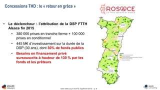 www.idate.org © IDATE DigiWorld 2016 – p. 8
• Le déclencheur : l’attribution de la DSP FTTH
Alsace fin 2015
• 380 000 prises en tranche ferme + 100 000
prises en conditionnel
• 445 M€ d’investissement sur la durée de la
DSP (30 ans), dont 30% de fonds publics
• Besoins en financement privé
sursouscrits à hauteur de 130 % par les
fonds et les prêteurs
Concessions THD : le « retour en grâce »
 