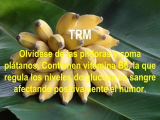 TPM
    Olvídese de las píldoras y coma
plátanos. Contienen vitamina B6, la que
regula los niveles de glucosa en sangre
   afectando positivamente el humor.
 