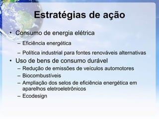 Estratégias de ação Consumo de energia elétrica   Eficiência energética Política industrial para fontes renováveis alternativas Uso de bens de consumo durável Redução de emissões de veículos automotores Biocombustíveis Ampliação dos selos de eficiência energética em aparelhos eletroeletrônicos Ecodesign 