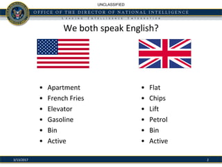 We both speak English?
• Apartment
• French Fries
• Elevator
• Gasoline
• Bin
• Active
• Flat
• Chips
• Lift
• Petrol
• Bin
• Active
23/13/2017
UNCLASSIFIED
 