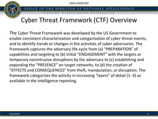 UNCLASSIFIED
Cyber Threat Framework (CTF) Overview
The Cyber Threat Framework was developed by the US Government to
enable consistent characterization and categorization of cyber threat events,
and to identify trends or changes in the activities of cyber adversaries. The
framework captures the adversary life cycle from (a) “PREPARATION” of
capabilities and targeting to (b) initial “ENGAGEMENT” with the targets or
temporary nonintrusive disruptions by the adversary to (c) establishing and
expanding the “PRESENCE” on target networks, to (d) the creation of
“EFFECTS and CONSEQUENCES” from theft, manipulation, or disruption. The
framework categorizes the activity in increasing “layers” of detail (1- 4) as
available in the intelligence reporting.
43/13/2017
 