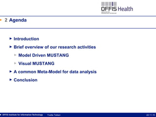 2
22.11.15Yvette Teiken
Agenda
► Introduction
► Brief overview of our research activities
► Model Driven MUSTANG
► Visual MUSTANG
► A common Meta-Model for data analysis
► Conclusion
 