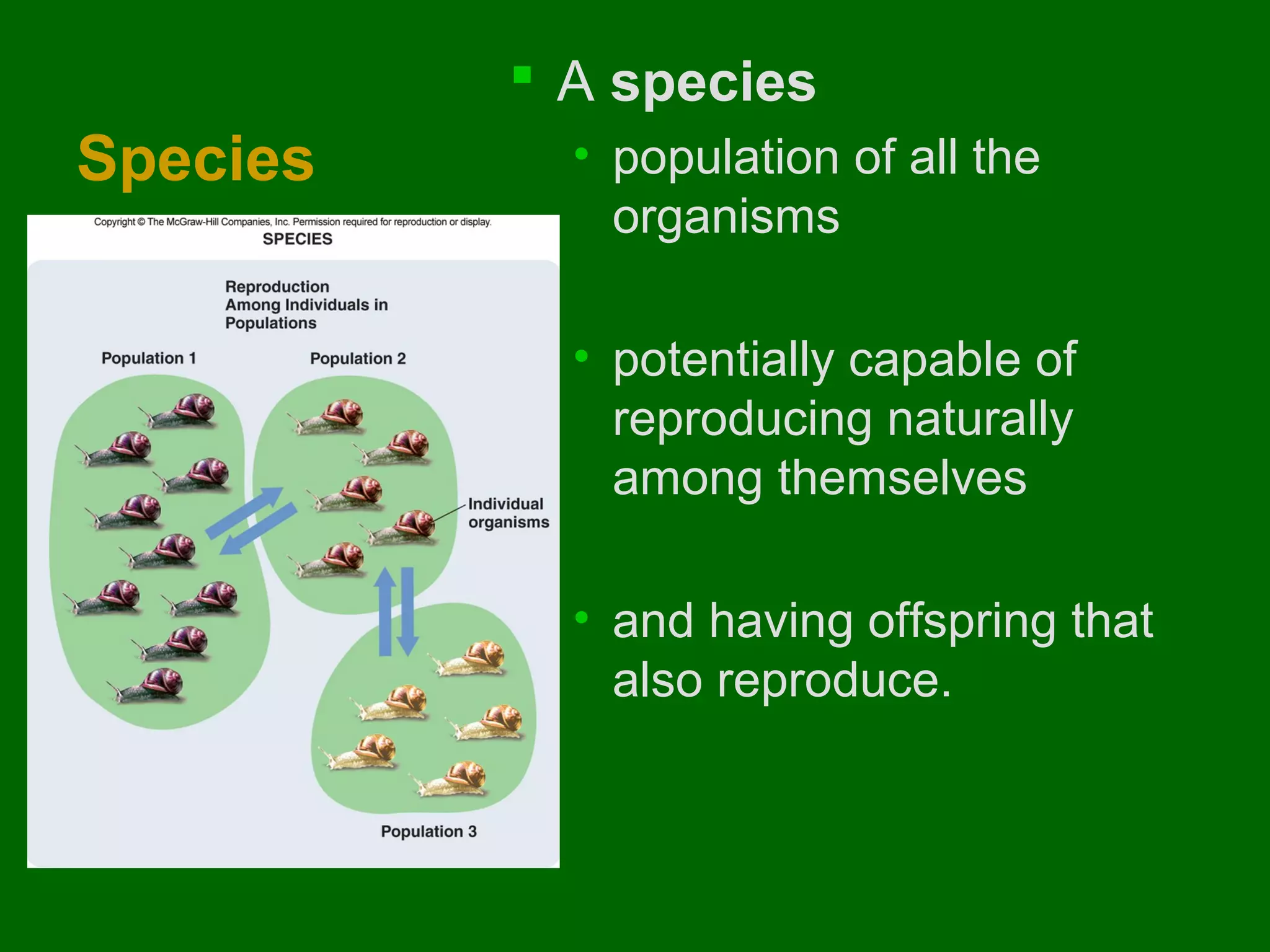  A species

Species

• population of all the
organisms
• potentially capable of
reproducing naturally
among themselves
• and having offspring that
also reproduce.

 