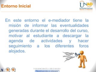 “Educación para todos con calidad global”
En este entorno el e-mediador tiene la
misión de informar las eventualidades
generadas durante el desarrollo del curso,
motivar al estudiante a descargar la
agenda de actividades y hacer
seguimiento a los diferentes foros
alojados.
FI-GQ-OCMC-004-015 V. 000-27-08-2011
Entorno Inicial
 