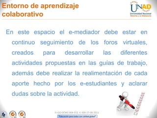“Educación para todos con calidad global”
Entorno de aprendizaje
colaborativo
En este espacio el e-mediador debe estar en
continuo seguimiento de los foros virtuales,
creados para desarrollar las diferentes
actividades propuestas en las guías de trabajo,
además debe realizar la realimentación de cada
aporte hecho por los e-estudiantes y aclarar
dudas sobre la actividad.
FI-GQ-OCMC-004-015 V. 000-27-08-2011
 