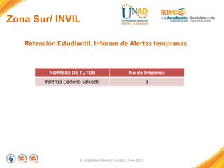 FI-GQ-GCMU-004-015 V. 001-17-04-2013
Zona Sur/ INVIL
NOMBRE DE TUTOR No de Informes
Yelithza Cedeño Salcedo 3
 