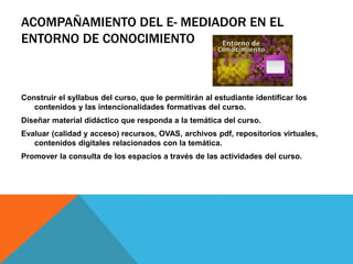 ACOMPAÑAMIENTO DEL E- MEDIADOR EN EL 
ENTORNO DE CONOCIMIENTO 
Construir el syllabus del curso, que le permitirán al estudiante identificar los 
contenidos y las intencionalidades formativas del curso. 
Diseñar material didáctico que responda a la temática del curso. 
Evaluar (calidad y acceso) recursos, OVAS, archivos pdf, repositorios virtuales, 
contenidos digitales relacionados con la temática. 
Promover la consulta de los espacios a través de las actividades del curso. 
 