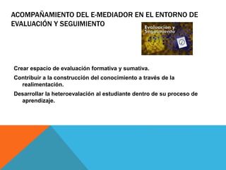 ACOMPAÑAMIENTO DEL E-MEDIADOR EN EL ENTORNO DE 
EVALUACIÓN Y SEGUIMIENTO 
Crear espacio de evaluación formativa y sumativa. 
Contribuir a la construcción del conocimiento a través de la 
realimentación. 
Desarrollar la heteroevalación al estudiante dentro de su proceso de 
aprendizaje. 
 