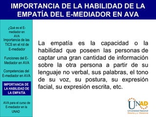 IMPORTANCIA DE LA HABILIDAD DE LA
EMPATÍA DEL E-MEDIADOR EN AVA
La empatía es la capacidad o la
habilidad que poseen las personas de
captar una gran cantidad de información
sobre la otra persona a partir de su
lenguaje no verbal, sus palabras, el tono
de su voz, su postura, su expresión
facial, su expresión escrita, etc.
¿Qué es el E-
mediador en
AVA
Funciones del E-
Mediador en AVA
IMPORTANCIA DE
LA HABILIDAD DE
LA EMPATÍA
Importancia de las
TICS en el rol de
E-mediador
Competencias del
E-mediador en AVA
AVA para el curso de
E-mediador en la
UNAD
 