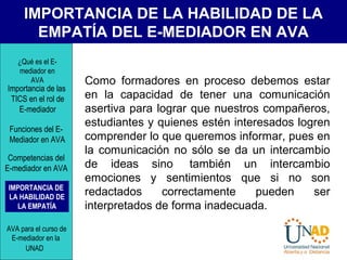 IMPORTANCIA DE LA HABILIDAD DE LA
EMPATÍA DEL E-MEDIADOR EN AVA
Como formadores en proceso debemos estar
en la capacidad de tener una comunicación
asertiva para lograr que nuestros compañeros,
estudiantes y quienes estén interesados logren
comprender lo que queremos informar, pues en
la comunicación no sólo se da un intercambio
de ideas sino también un intercambio
emociones y sentimientos que si no son
redactados correctamente pueden ser
interpretados de forma inadecuada.
¿Qué es el E-
mediador en
AVA
Funciones del E-
Mediador en AVA
IMPORTANCIA DE
LA HABILIDAD DE
LA EMPATÍA
Importancia de las
TICS en el rol de
E-mediador
Competencias del
E-mediador en AVA
AVA para el curso de
E-mediador en la
UNAD
 