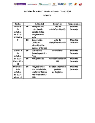 ACOMPAÑAMIENTO IN SITU – VISITAS COLECTIVAS 
AGENDA 
Fecha Actividad Recursos Responsables 
Lunes 6 
de 
octubre 
de 2014 
Visita 8 y 
9 
2H Recopilación 
colectiva del 
estado de los 
proyectos de 
aula 
Lista de 
cotejo/verificación 
Maestro 
formador 
2H Generación 
Colectiva. 
Identificación 
buenas prácticas 
Lista de 
cotejo/verificación 
Maestro 
formador 
Martes 7 
de 
octubre 
de 2014 
Visita 10 y 
11 
2H Evaluación 
Autodiagnóstico 
Final 
Formulario Maestro 
formador 
2H Amigo Crítico Rúbrica valoración 
Pid 
Maestro 
formador 
Miércoles 
8 de 
octubre 
de 2014 
Visita 12 
2H Proyección de 
sostenibilidad e 
implementación- 
Articulación PEI-PMI 
Relatoría-formato 
gestión 
pedagógica 
Maestro 
formador 
