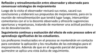 Reflexión y retroalimentación entre observador y observado para
consensuar estrategias de mejoramiento
Luego de la visita el observador revisará sus notas, sacará sus
conclusiones y elaborará sus propuestas de mejoramiento, para en la
reunión de retroalimentación que tendrá lugar luego, intercambiar
comentarios con el o la docente observado y ofrecerle sugerencias
oportunas y respetuosas, tratando de mantener una actitud positiva y
no de desvalorización.
Seguimiento continuo y evaluación del efecto de este proceso sobre el
aprendizaje significativo de los estudiantes.
Los profesores involucrados en el proceso se mantendrán en contacto
para constatar la aplicación y los resultados de las estrategias para el
mejoramiento. Además de que en el segundo parcial del presente
quimestre se aplica una vista áulica de seguimiento.
 