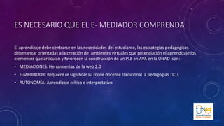 ES NECESARIO QUE EL E- MEDIADOR COMPRENDA
El aprendizaje debe centrarse en las necesidades del estudiante, las estrategias pedagógicas
deben estar orientadas a la creación de ambientes virtuales que potenciación el aprendizaje los
elementos que articulan y favorecen la construcción de un PLE en AVA en la UNAD son:
• MEDIACIONES: Herramientas de la web 2.0
• E-MEDIADOR: Requiere re significar su rol de docente tradicional a pedagogías TIC,s
• AUTONOMÍA: Aprendizaje crítico e interpretativo