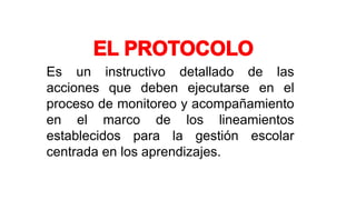 Es un instructivo detallado de las
acciones que deben ejecutarse en el
proceso de monitoreo y acompañamiento
en el marco de los lineamientos
establecidos para la gestión escolar
centrada en los aprendizajes.
 