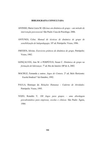 BIBLIOGRAFIA CONSULTADA
AFONSO, Maria Lúcia M. Oficinas em dinâmica de grupo – um método de
intervenção psicossocial. São Paulo: Casa do Psicólogo, 2006.
ANTUNES, Celso. Manual de técnicas de dinâmica de grupo de
sensibilização de ludopedagogia. 10a
ed. Petrópolis: Vozes, 1996.
FRITZEN, Silvino. Exercícios práticos de dinâmica de grupo. Petrópolis:
Vozes, 1982.
GONÇALVES, Ana M. e PERPÉTUO, Susan C. Dinâmica de grupo na
formação de lideranças. 7a
ed. Rio de Janeiro: DP & A, 2002.
MACRUZ, Fernanda e outros. Jogos de Cintura. 2ª ed. Belo Horizonte:
Escola Sindical 7 de Outubro, 1992.
PAULA, Henrique de. Relações Humanas - Caderno de Atividades.
Petrópolis: Vozes, 1995.
YOZO, Ronaldo Y. 100 Jogos para grupos – uma abordagem
psicodramática para empresas, escolas e clínicas. São Paulo: Ágora,
1984.
166
 