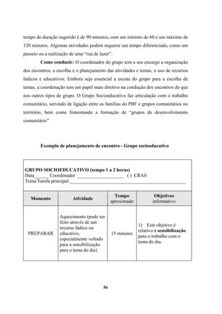 tempo de duração sugerido é de 90 minutos, com um mínimo de 60 e um máximo de
120 minutos. Algumas atividades podem requerer um tempo diferenciado, como um
passeio ou a realização de uma “rua de lazer”.
Como conduzir: O coordenador do grupo tem a seu encargo a organização
dos encontros, a escolha e o planejamento das atividades e temas, o uso de recursos
lúdicos e educativos. Embora seja essencial a escuta do grupo para a escolha de
temas, a coordenação tem um papel mais diretivo na condução dos encontros do que
nos outros tipos de grupo. O Grupo Socioeducativo faz articulação com o trabalho
comunitário, servindo de ligação entre as famílias do PBF e grupos comunitários no
território, bem como fomentando a formação de “grupos de desenvolvimento
comunitário”
Exemplo de planejamento de encontro - Grupo socioeducativo
GRUPO SOCIOEDUCATIVO (tempo 1 a 2 horas)
Data______ Coordenador ___________________ ( ) CRAS
Tema/Tarefa principal:________________________________________________
Momento Atividade
Tempo
aproximado
Objetivos
informativo
PREPARAR
Aquecimento (pode ser
feito através de um
recurso lúdico ou
educativo,
especialmente voltado
para a sensibilização
para o tema do dia)
15 minutos
1) Este objetivo é
relativo à sensibilização
para o trabalho com o
tema do dia.
56
 