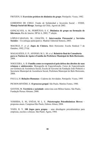 FRITZEN, S. Exercícios práticos de dinâmica de grupo. Petrópolis: Vozes, 1982.
GOBIERNO DE CHILE. Fondo de Solidaridad y Inversión Social – FOSIS.
Manejo Social del Riesgo. Santiago de Chile, Agosto de 2002.
GONÇALVES, A. M.; PERPÉTUO, S. C. Dinâmica de grupo na formação de
lideranças. Rio de Janeiro: DP & A, 2002, 7a
edição.
LÓPEZ-CABANAS, M.; CHACÓN, F. Intervención Psicosocial y Servicios
Sociales – Un enfoque participativo. Madrid: Editorial Sintesis, 2003.
MACRUZ, F. et al. Jogos de Cintura. Belo Horizonte: Escola Sindical 7 de
Outubro, 1992, 2ª Ed.
MAGALHÃES, E. P.; AFONSO, M. L. M. et al. Relatório final de Consultoria
para os Núcleos de Apoio à Família da Prefeitura Municipal de Belo Horizonte,
2004.
NOGUEIRA, A. D. Família como co-responsável pela defesa dos direitos de suas
crianças e adolescentes. Monografia de Especialização. Curso de Especialização
em Gerência de Assistência Social, Escola de Governo da Fundação João Pinheiro e
Secretaria Municipal de Assistência Social, Prefeitura Municipal de Belo Horizonte,
2004.
PAULA, H. Relações Humanas - Caderno de Atividades. Petrópolis: Vozes, 1995
PICHON-RIVIÈRE, E. O processo grupal. São Paulo, Martins Fontes, 1980.
SANTOS, M. Território e sociedade: entrevista com Milton Santos. São Paulo,
Fundação Perseu Abramo, 2000.
YOSHIDA, E. M.; ENÉAS, M. L. E.. Psicoterapias Psicodinâmicas Breves –
propostas atuais. Campinas/São Paulo, Editora Alínea, 2004.
YOZO, R. Y. 100 Jogos para grupos – uma abordagem psicodramática para
empresas, escolas e clínicas. São Paulo: Ágora, 1984.
80
 
